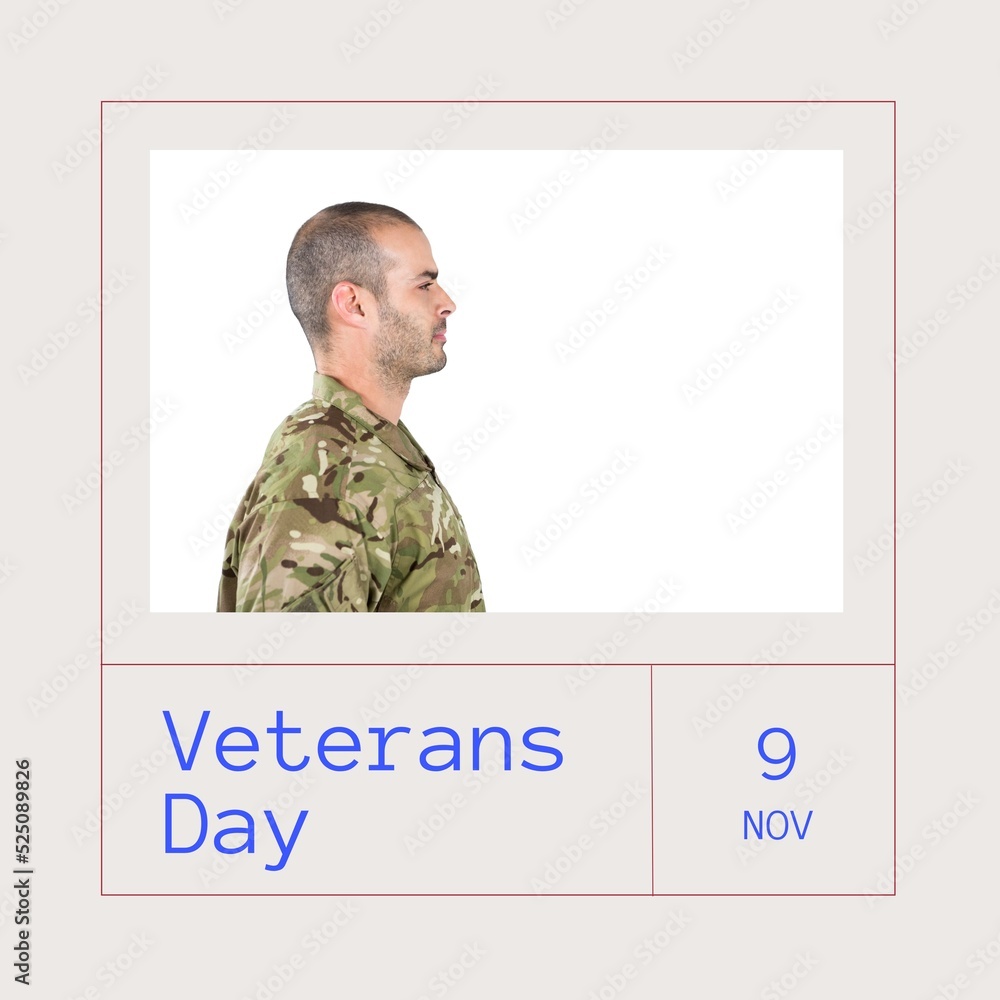 Poster Composition of veterans day text over caucasian male soldier