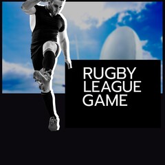 Composition of rugby league championship text over caucasian male rugby player
