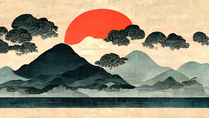 Japanese Ukiyo-e, landscape, art prints. Oriental artistic painting. Japanese landscape. 4k wallpaper, background. Mountains clouds and trees with red sun.