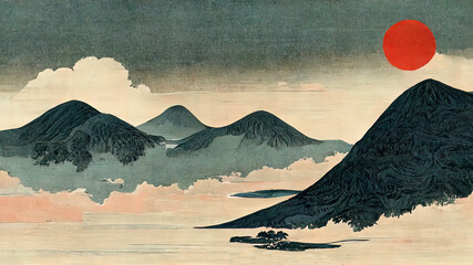 Japanese Ukiyo-e, landscape, art prints. Oriental artistic painting. Japanese landscape. 4k wallpaper, background. Mountains clouds and trees