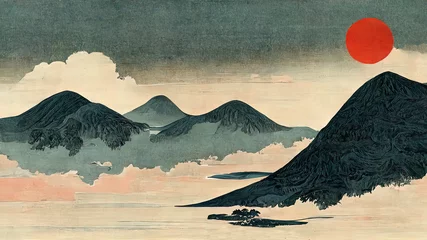 Fotobehang Kaki Japanese Ukiyo-e, landscape, art prints. Oriental artistic painting. Japanese landscape. 4k wallpaper, background. Mountains clouds and trees