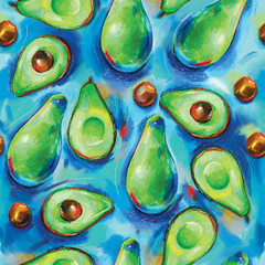 Avocado fruit pattern on a blue background. Seamless bright tropical pattern in pastel technique