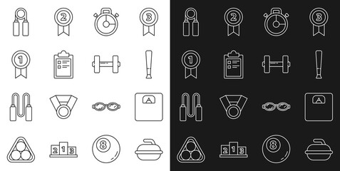 Set line Stone for curling sport game, Bathroom scales, Baseball bat, Stopwatch, Sport training program, Medal, expander and Dumbbell icon. Vector