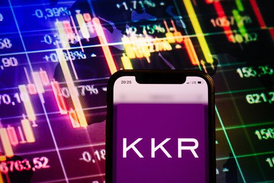 KONSKIE, POLAND - August 10, 2022: Smartphone displaying logo of KKR company on stock exchange chart background