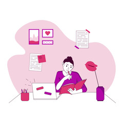 Working or studying at home. Girl sitting at table and reading a book. Online education concept.