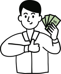 Happy man with money banknotes in his hands. Wealth concept. Vector illustration in cartoon style