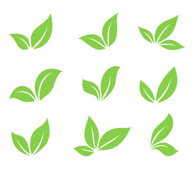 Green leaves branches silhouettes icons natural set
