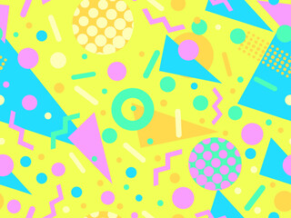 Geometric seamless pattern with memphis elements in 80s style. Colorful geometric pattern. Design of promotional products, wrapping paper and printing. Vector illustration