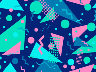 Geometric seamless pattern with memphis elements in 80s style. Colorful geometric pattern. Design of promotional products, wrapping paper and printing. Vector illustration
