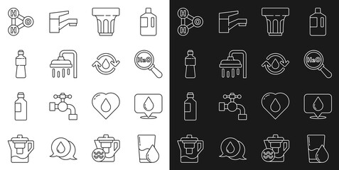 Set line Glass with water, Water drop location, Chemical formula for H2O, Shower head, Bottle of, and Recycle clean aqua icon. Vector
