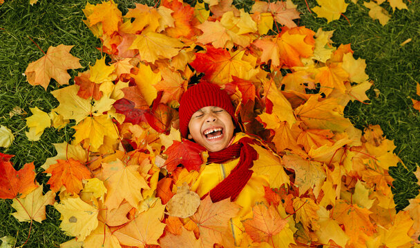 A girl with a wide smile lies on a carpet of red and yellow leaves in an autumn park.