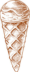 Ice cream in waffle cone isolated monochrome sketch