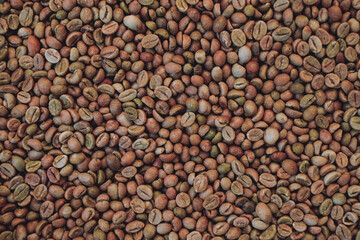 Coffee bean. The photo features a close-up view of coffee beans. The beans display a range of brown hues, from light tan to dark, rich shades, reflecting different roasting stages. 