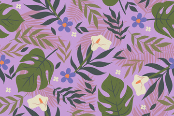 Seamless pattern with tropical leaves and flowers. Vector graphics.