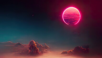 Fototapeta na wymiar Purple, pink planet synthwave landscape. 3d render, 4k wallpaper. Retro futuristic vaportwave galaxy. 