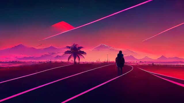 Man looking in the distance, sythnwave, vaporwave wallpaper, background. 4k futuristic, pink neons and purrple sky. Vintage, retro feeling. Digital painting, illustration.