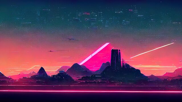 Cityscape, synthwave, retrowave city colorful background. 4k wallpaper with pink and purple colors, neons, landscape, digital painting.