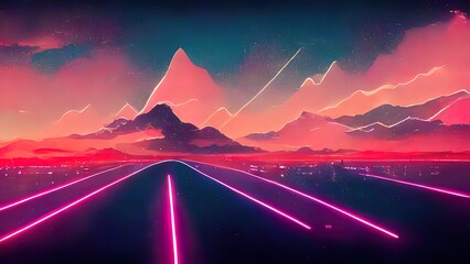 Mountain synthwave, vaporwave, landscape. Futuristic 4k background mountains with purple and pink neons colors. Digital painting.
