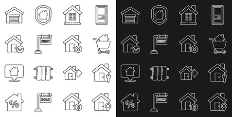 Set line Location with house, House key, Shopping cart, Hanging sign Rent, check mark, Garage and wrong icon. Vector