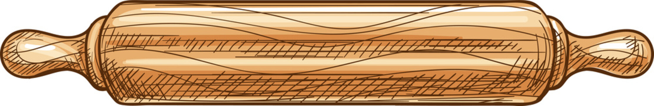 Rolling pin isolated wooden bakery dough roller. Vector bakery tool, dough flatten roller