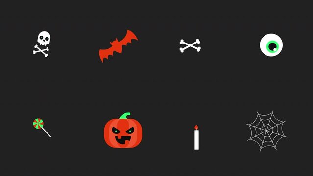halloween pumpkin,skull, and eyeball and other halloween element, motion graphics video transparent background with alpha channel