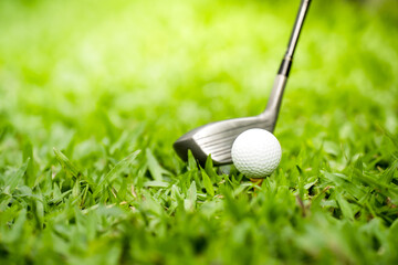golf club hitting a golf ball on green grass