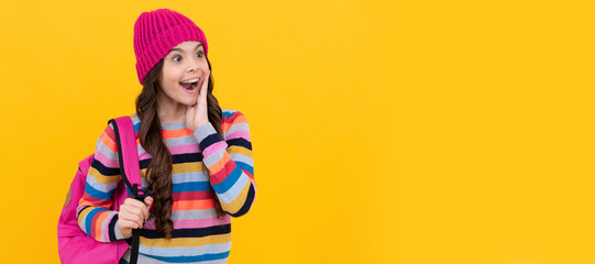 hipster kid with school bag. childhood happiness. concept of education. knowledge day. Horizontal isolated poster of school girl student. Banner header portrait of schoolgirl copy space.