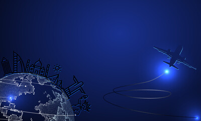World Tourism Day Background with illustration of Earth and Airplane Silhouette, Icon Landmark, Space Area. Suitable to place on content with that theme.