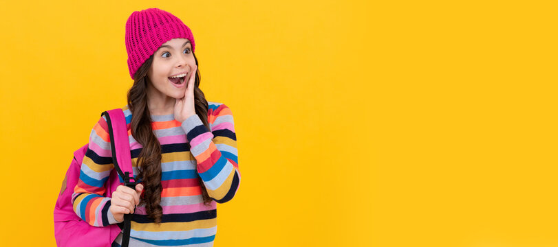 hipster kid with school bag. childhood happiness. concept of education. knowledge day. Horizontal isolated poster of school girl student. Banner header portrait of schoolgirl copy space.