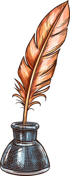 Vintage feather or quill pen in inkwell sketch icon