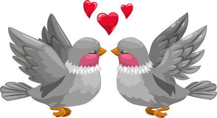 Birds in love isolated, hearts above lovers