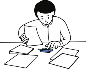 
Businessman is sitting on the table. Working computer, financial analysis, accounting staff. Office worker or company employee. Vector illustration in cartoon style