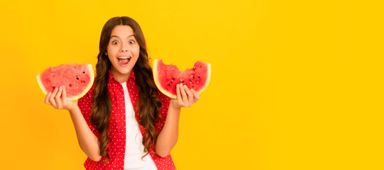 Obraz na płótnie Canvas happy shocked child hold water melon slice. yummy juicy watermelon. Summer girl portrait with watermelon, horizontal poster. Banner header with copy space.
