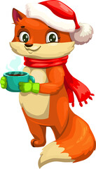 Christmas fox in hat with cup of hot tea isolated