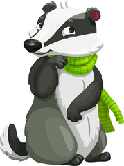 Cartoon badger isolated forest animal, green scarf
