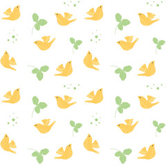 Yellow, gold bird pattern. Pattern with hand drawn and leaves bird for textile, wrapping paper, print, packaging, wallpaper.