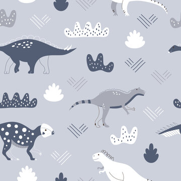 Blue print with wild dinosaurs and abstract plants. Seamless pattern with vector animals for fabric or wallpaper