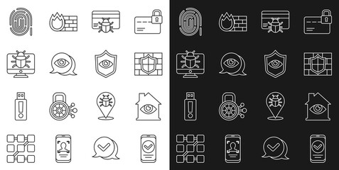 Set line Smartphone, House with eye scan, Shield brick wall, System bug in credit card, Eye, monitor, Fingerprint and and icon. Vector