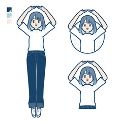 Tシャツを着た若い女性が腕でまるを作っているイラスト