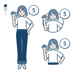 Tシャツを着た若い女性が5とカウントしているイラスト