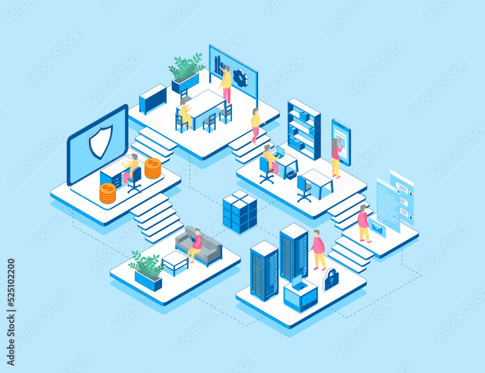 Poster development company business concept 3d isometric view. vector illustration of developer and creativ