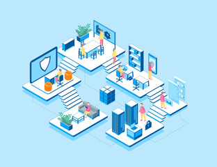 Development Company Business Concept 3D Isometric View. Vector illustration of Developer and Creative People in Office