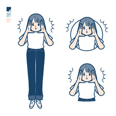 Tシャツを着た若い女性が大声で警告しているイラスト