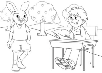 coloring page rabbit and cute boy in forest, landscape and trees