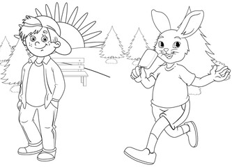 coloring page rabbit and cute boy in forest, landscape and trees