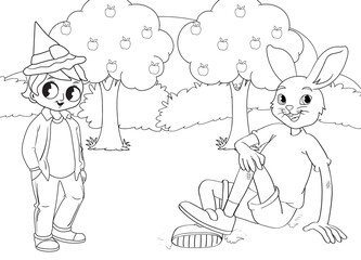coloring page rabbit and cute boy in forest, landscape and trees