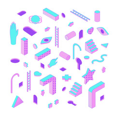 Color Trendy Surreal Elements Icons Set Include of Stairs and Hand. Vector illustration of Abstract Art Icon