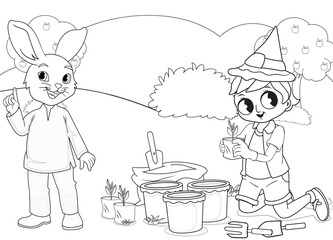 coloring page rabbit and cute boy in forest, landscape and trees