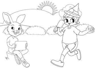 coloring page rabbit and cute boy in forest, landscape and trees