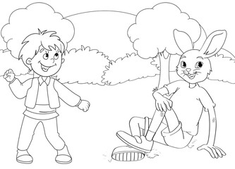coloring page rabbit and cute boy in forest, landscape and trees